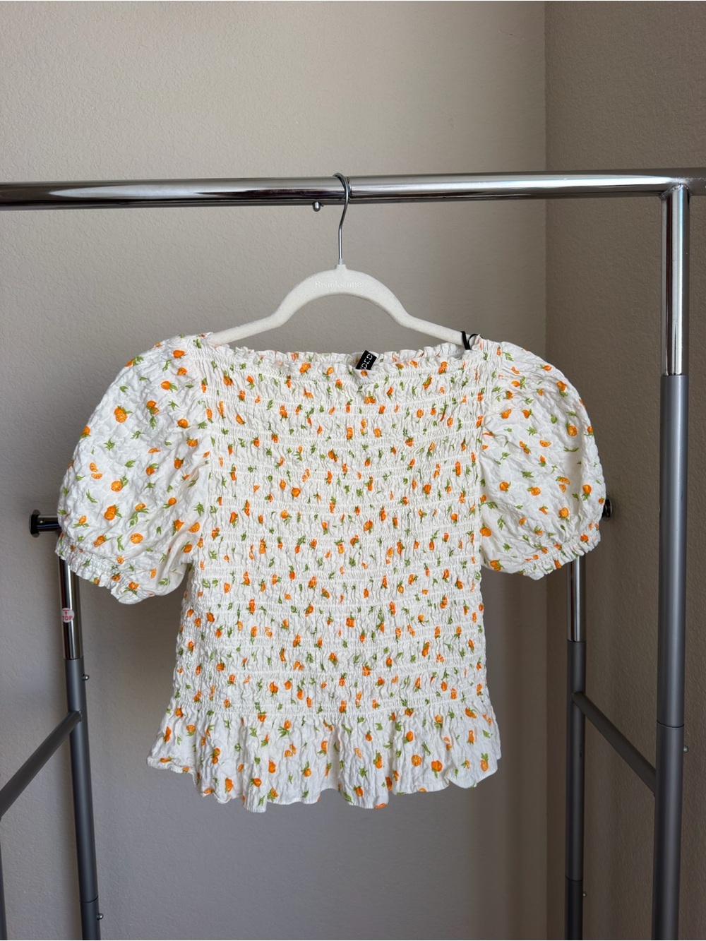 H&M White Smocked Crop Top with Orange and Green Floral Print